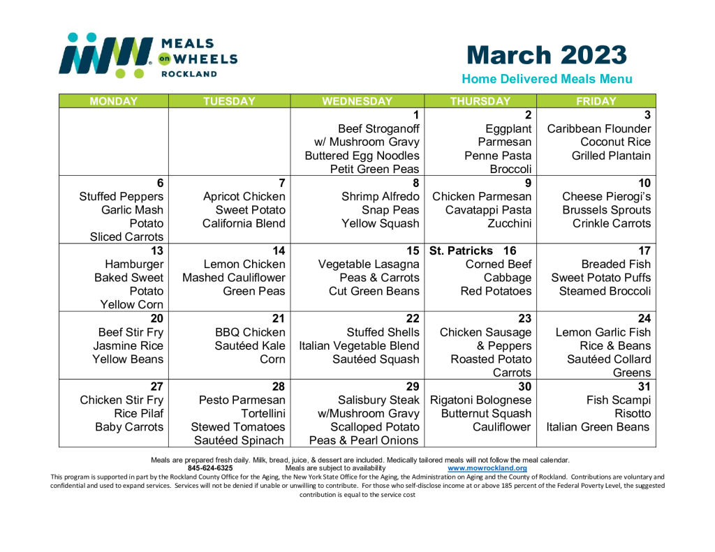 Menu - Meals on Wheels Rockland