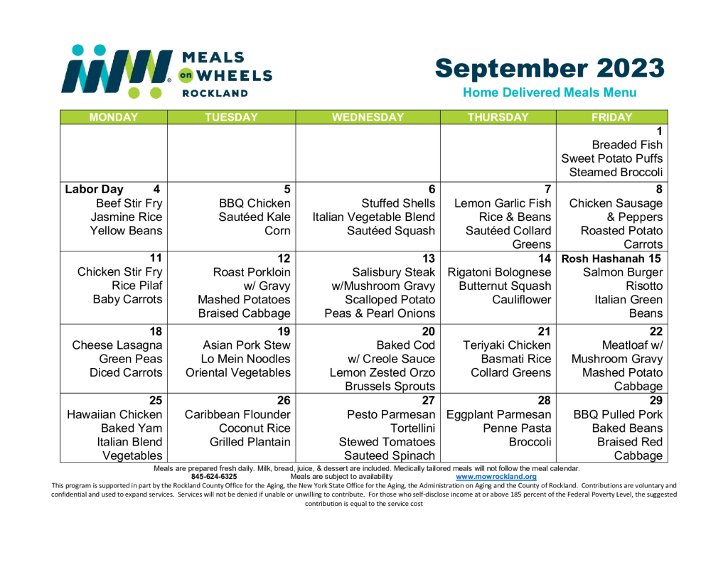 Menu Meals on Wheels Rockland