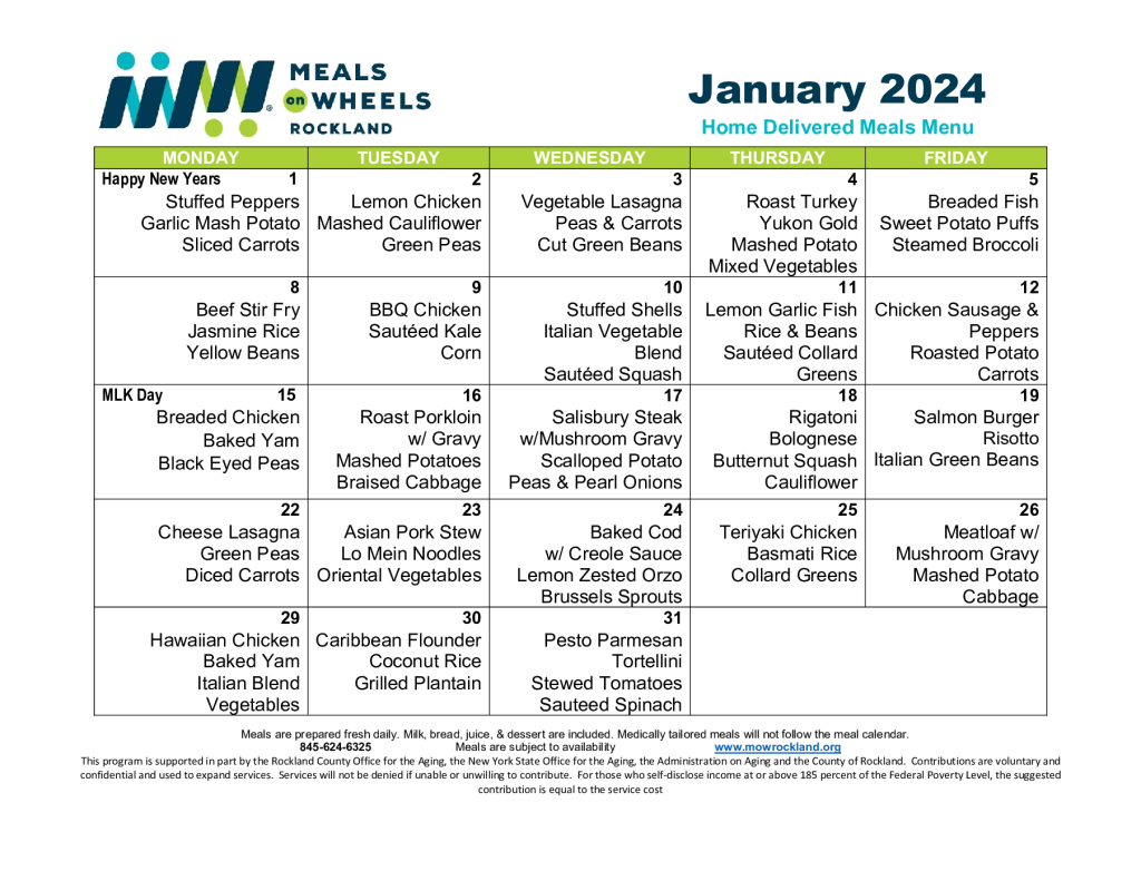 Menu - Meals on Wheels Rockland